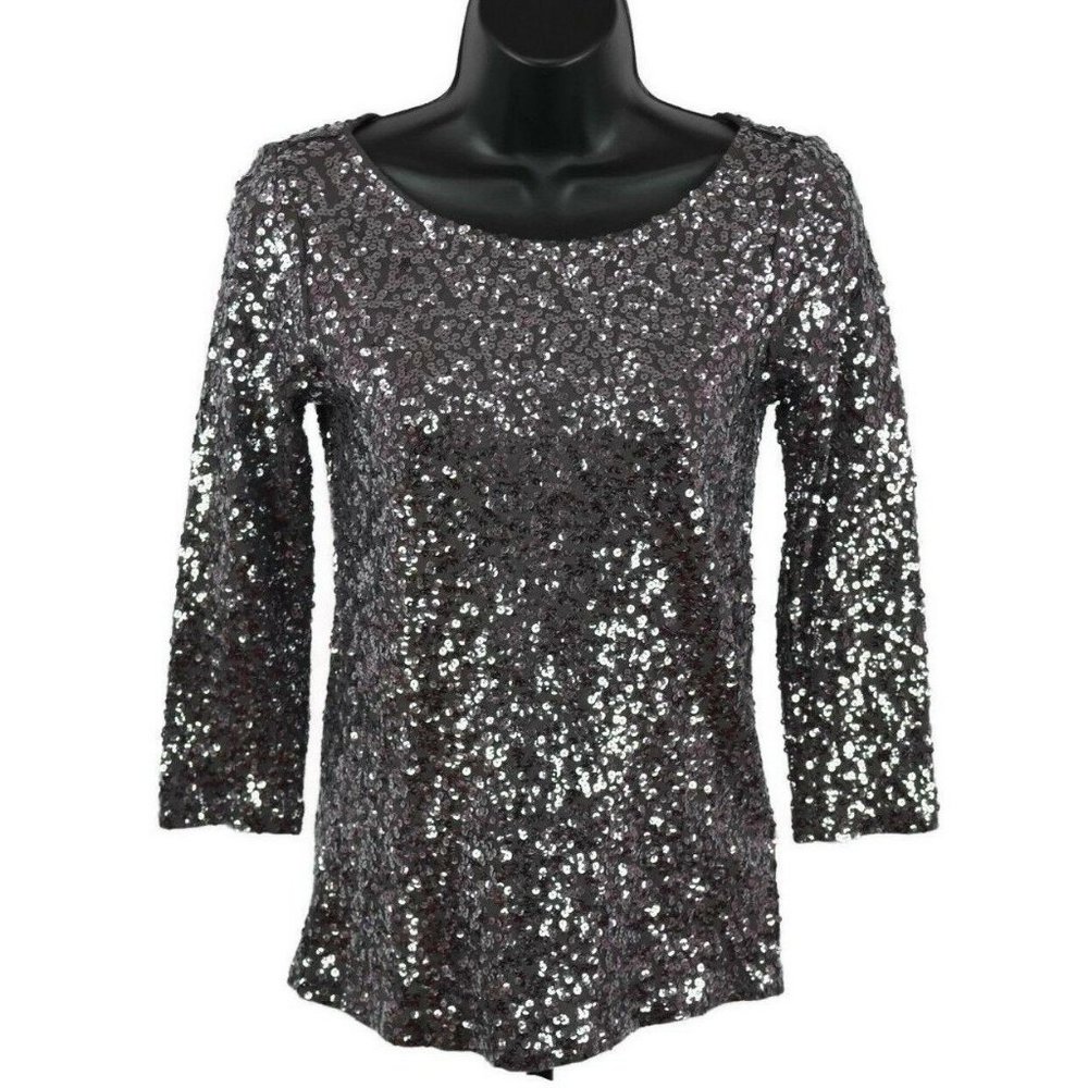 J Crew Silver Sequined Top Dark Gray Sz XS